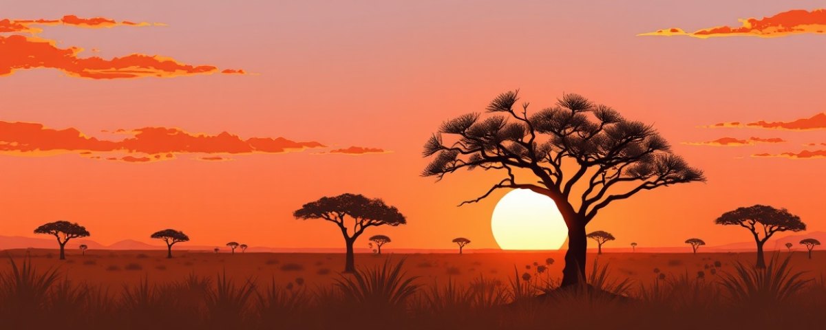 Savane africaine avec acacia au coucher du soleil