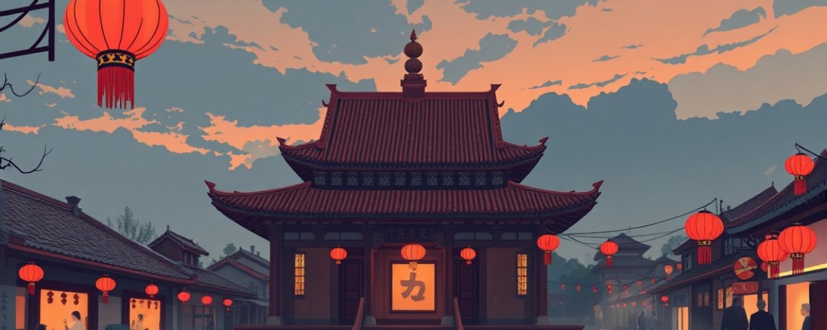 Temple asiatique et lanternes dans une rue animée