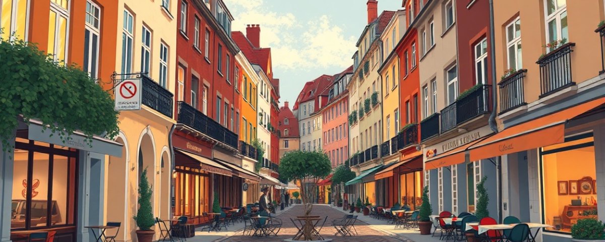 Ruelle européenne avec vieilles façades et terrasses