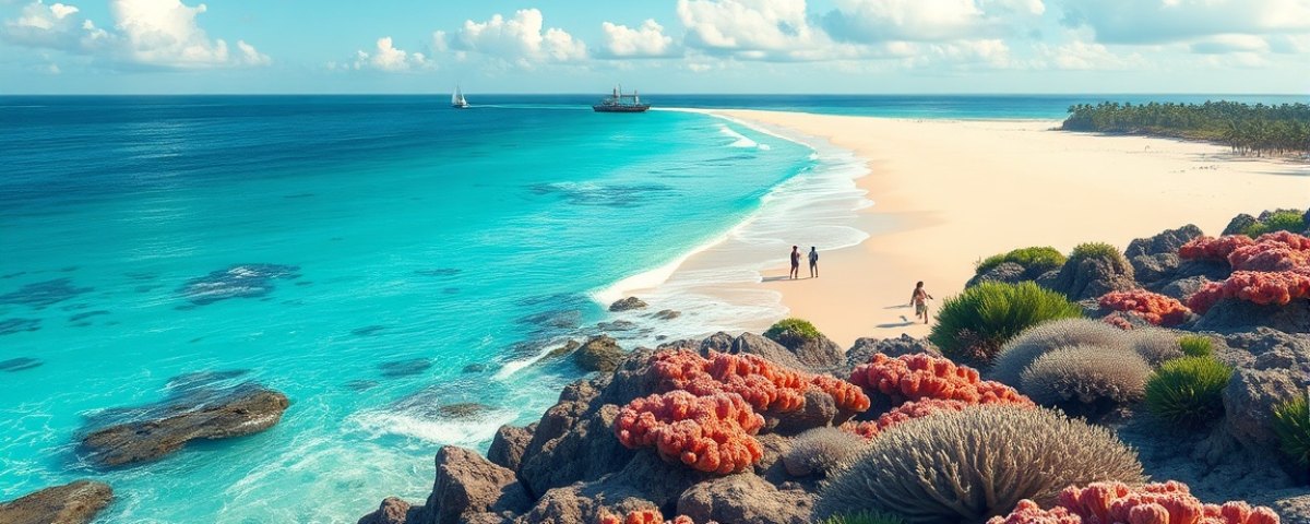Côte océanienne avec plage turquoise et récif