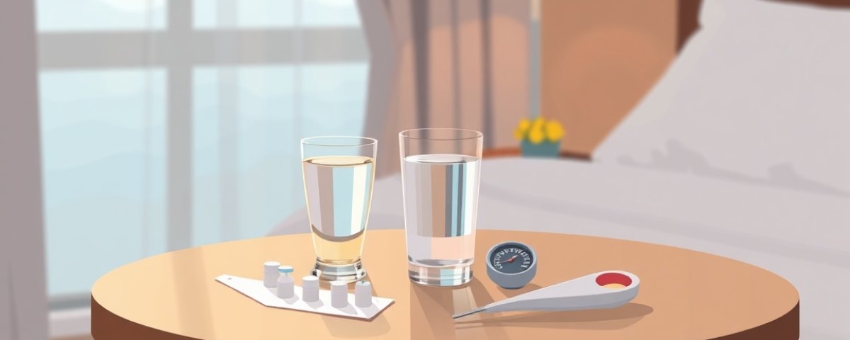 Verre d’eau, médicaments et thermomètre sur une table