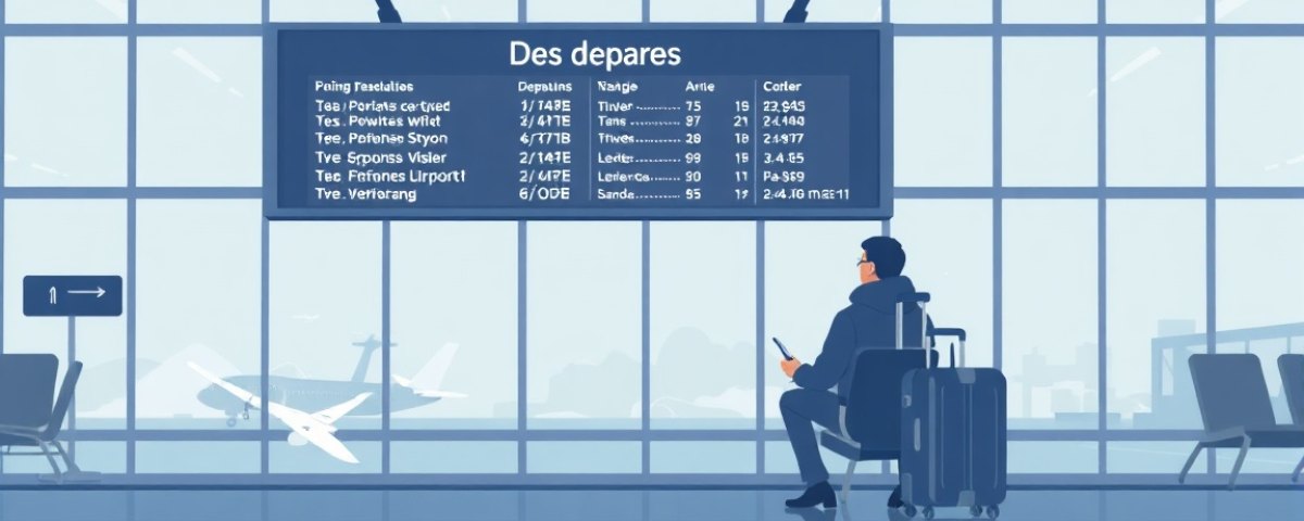 Panneau des départs d’aéroport et voyageur qui patiente