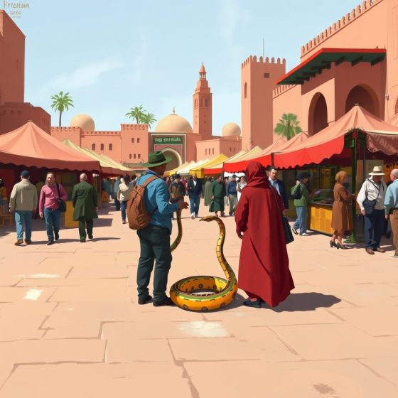 Illustration : Dresseurs de serpente Place Jemaa el-Fna au Maroc